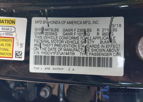 2018 Honda Accord Sport из США, поврежденный, VIN 1HGCV1F37JA144759